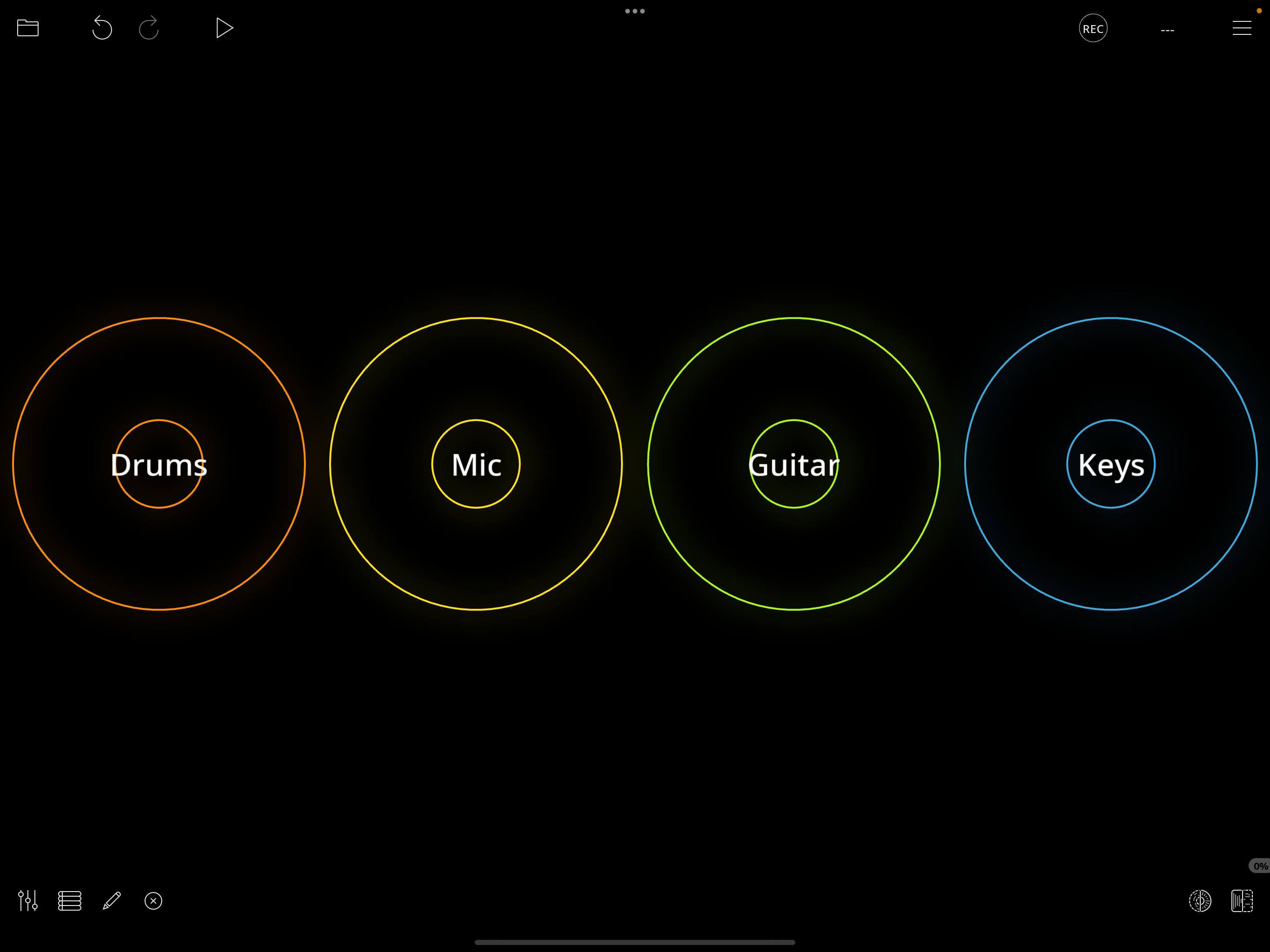 The example Loopy Pro project: Drums, Mic, Guitar, Keys clips in their default colors