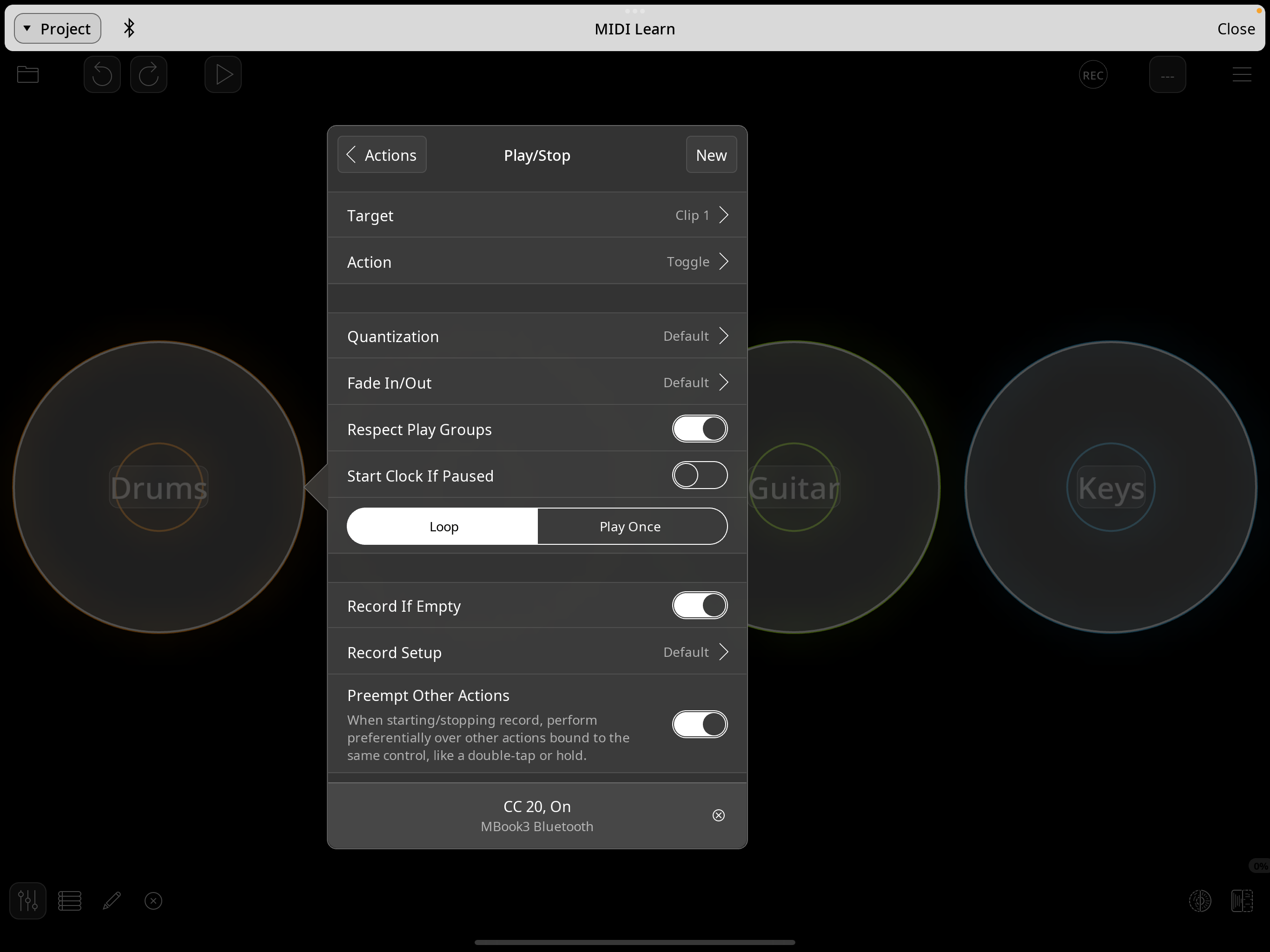 Play/Stop binding panel showing Action set to Toggle and source binding CC 20 On