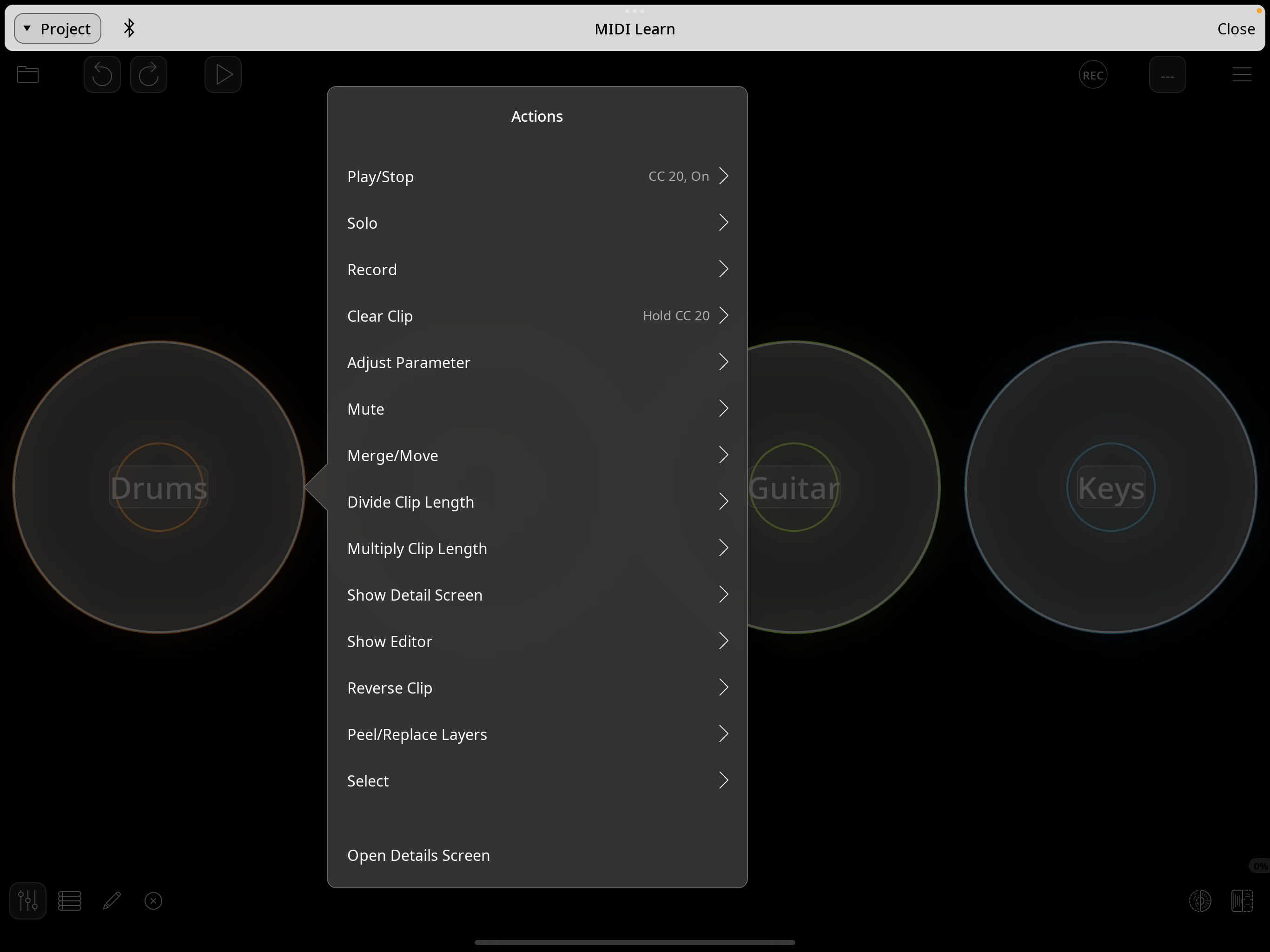Actions list with Play/Stop already bound to CC 20 On and Clear Clip bound to Hold CC 20