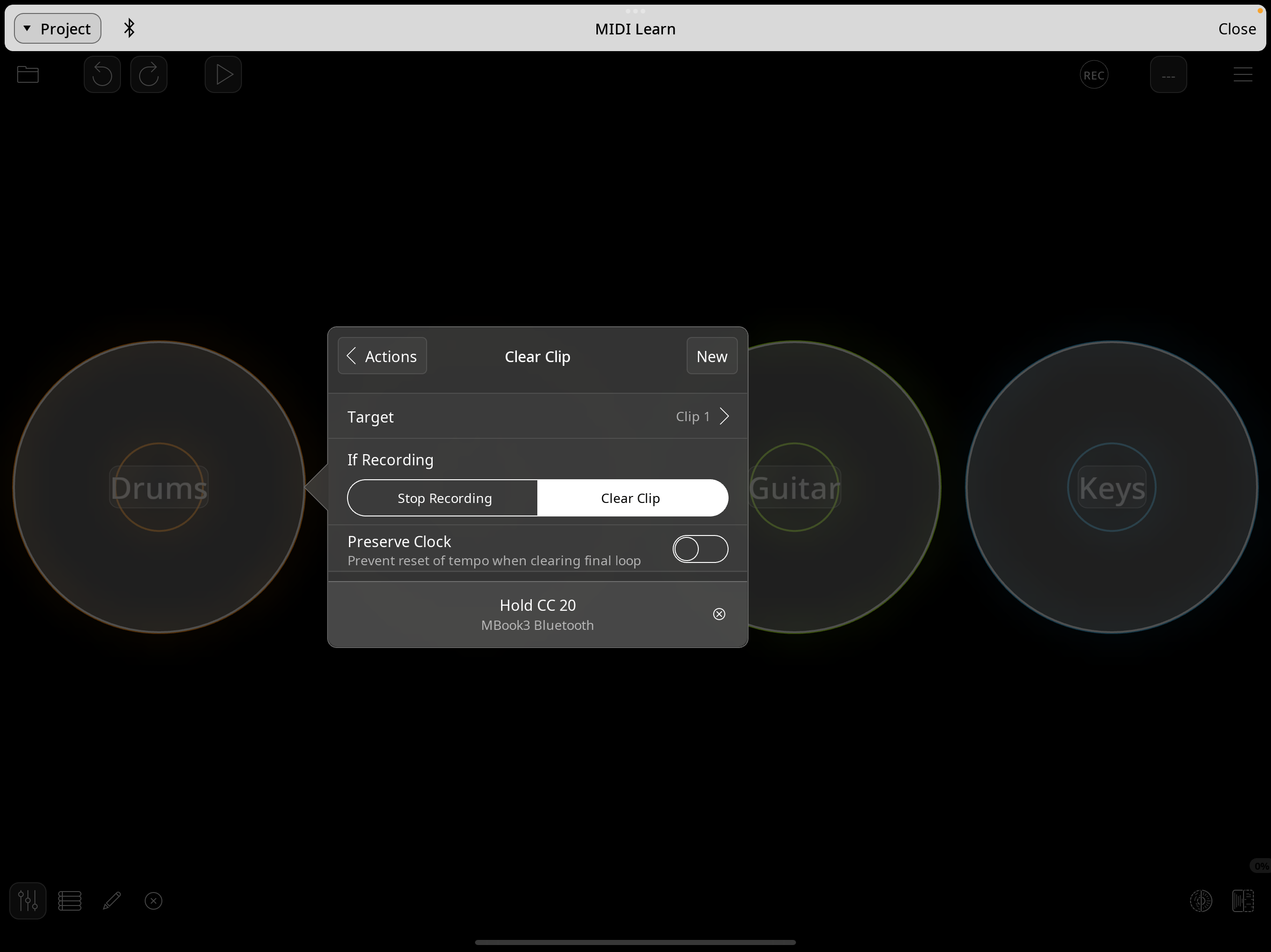 Clear Clip binding panel showing source Hold CC 20